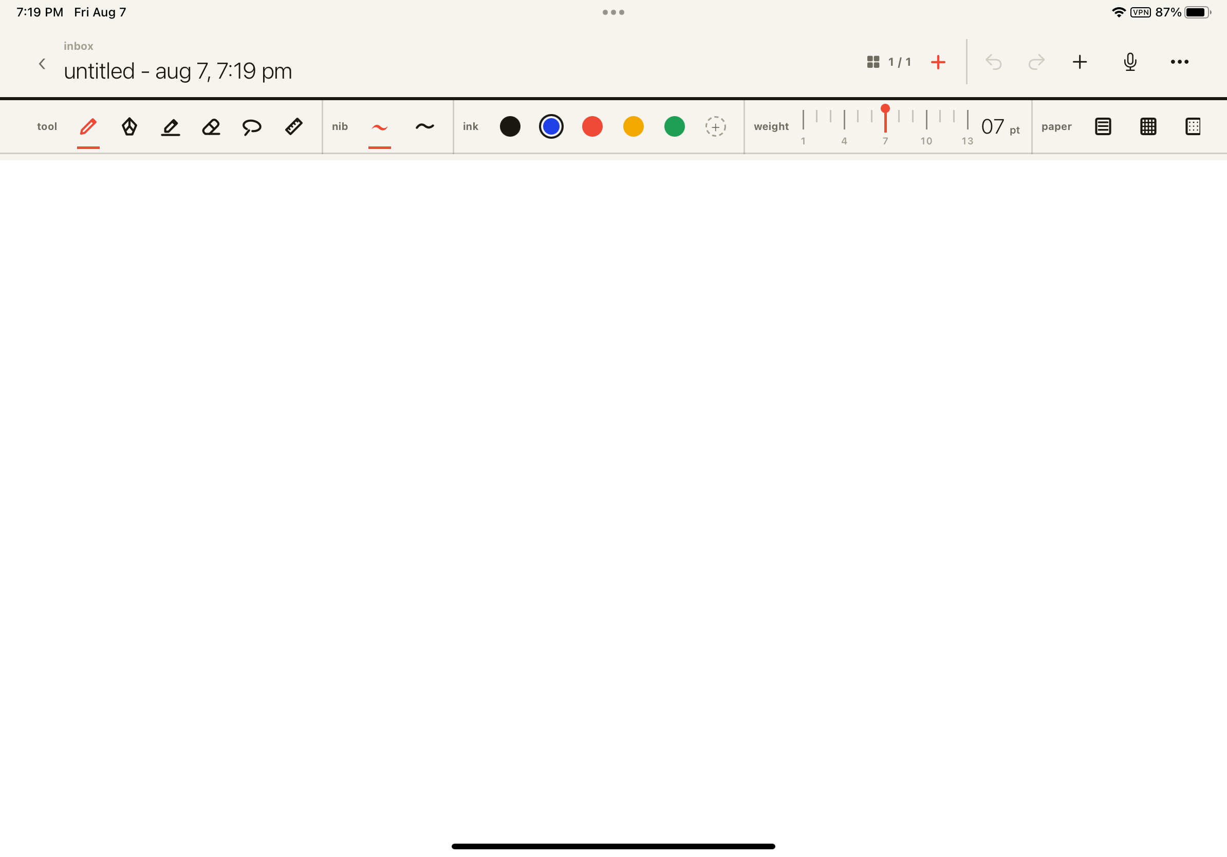 Pronotes editor on iPad showing Apple Pencil tools, nibs, ink colors, stroke weight, and paper options