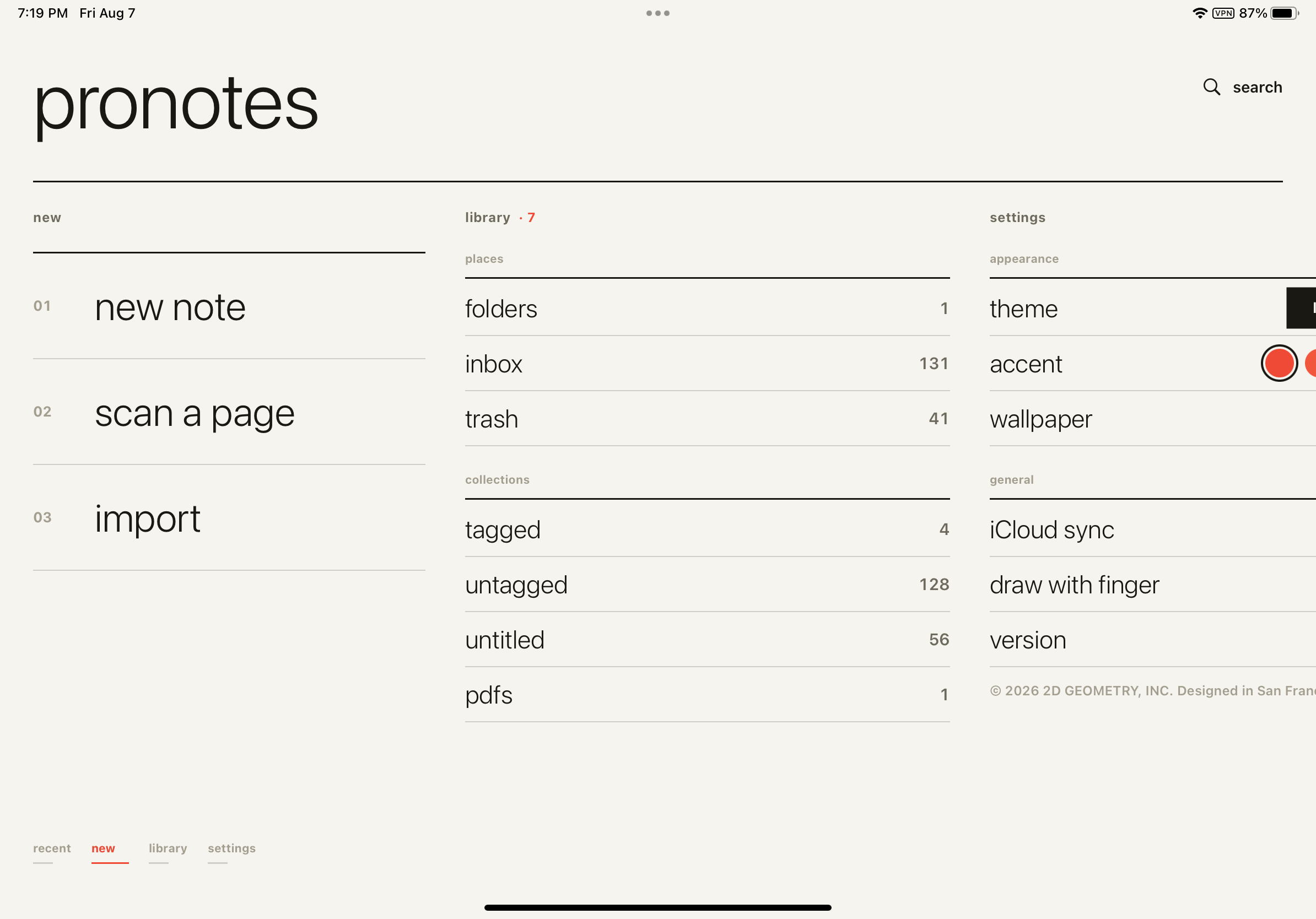 Pronotes home on iPad showing note creation, the notebook library, folders, collections, and settings